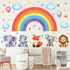DECOWALL Baby Animals on Rainbow Wall Sticker Decor Kindergarten Nursery Kids Room DIY Wall Decal Wall Art Stickers Boys Girls Children Bathroom Decor Vinyl Bedroom Teen Kids Wallpaper Wallpaper