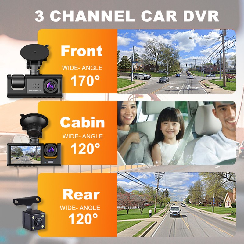 Dash Cam Front and Rear Inside 3 Cameras 1080P+720P+480p Car