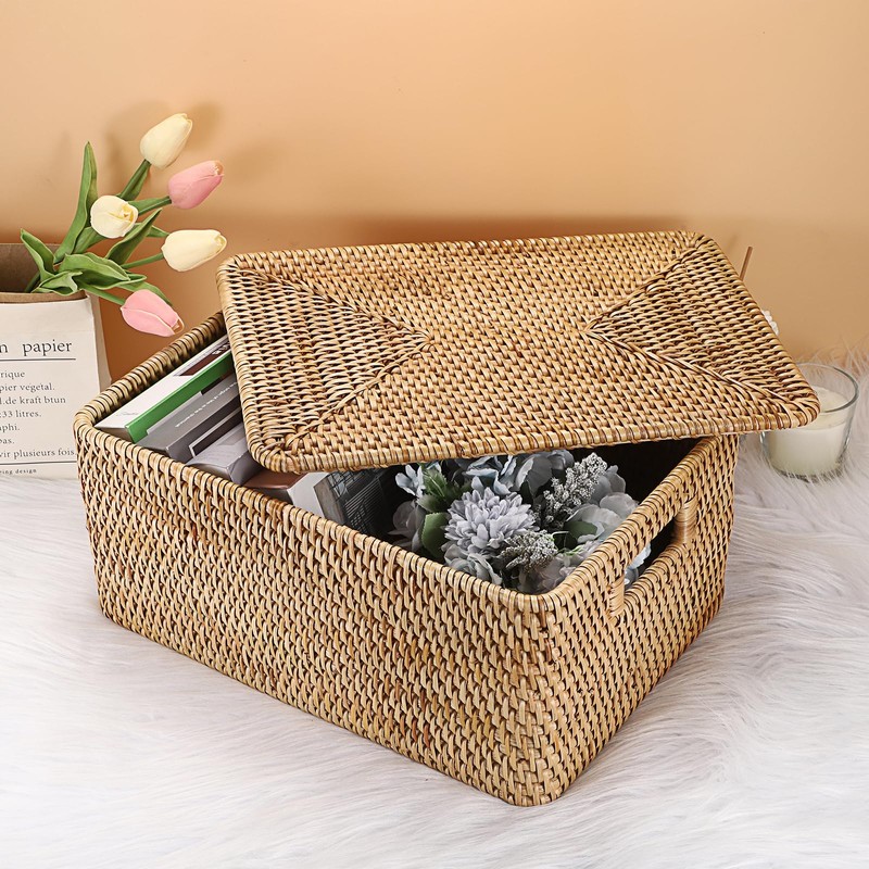 Hipiwe Rattan Basket With Lid Rectangular Lidded Basket Natural Hand-Woven