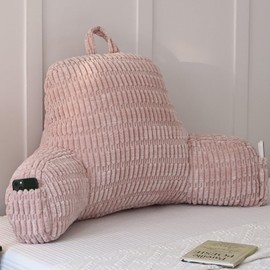 Corduroy Reading Pillow for Sitting in Bed, Large Backrest Bed Pillow with Arms, Back Support Pillow for Lounging Bedrest, Pale Pink