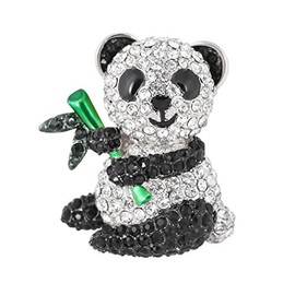 SELOVO Cute Panda Bear Green Crystal Bamboo Small Brooch Pin Silver Tone