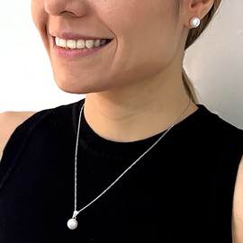 Oriente Pacific - Juego de Aretes y Dije de Perla Cultivada de 9mm con cadena de Plata .925 Ley (Blanco)