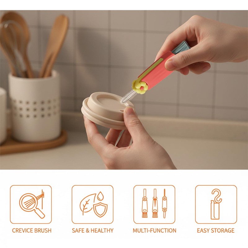 3 Pcs 3-in-1 Cup Lid Crevice Cleaning Brush, Portable Multifunctional