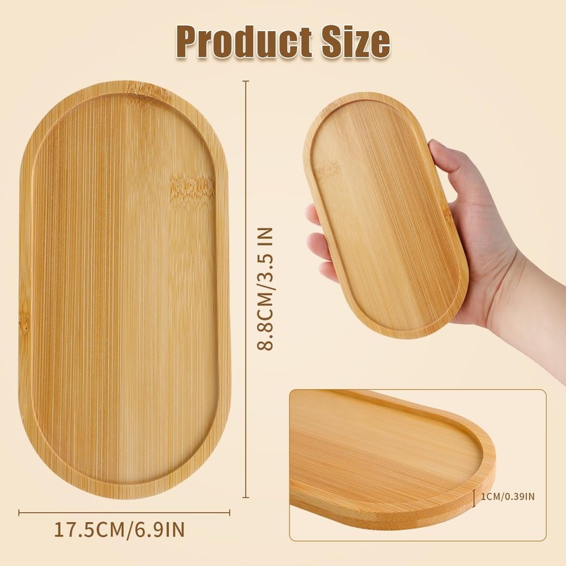 6 Pcs Bamboo Tray for Bathroom, Small Wooden Trays, Oval