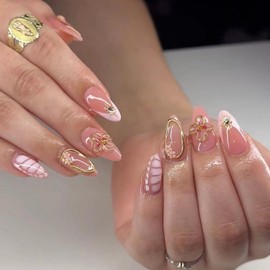 24Pcs Spring Almond Press on Nails Short French Tip Fake Nails with 3D Flower Charms Rhinestones Glue on Nails Flesh Pink False Nails Gold Line Stick on Nails Floral Stiletto Acrylic Nails for Women