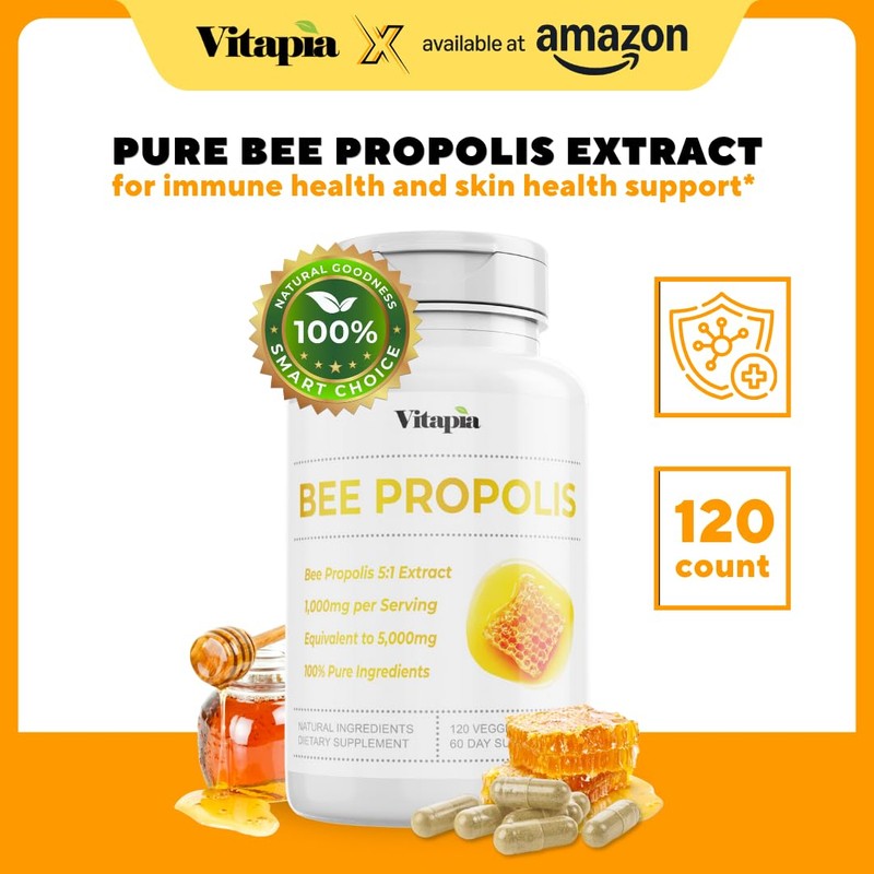 Bee Propolis Extract Capsules 1000mg Supplement for Immune Support, Vitality,