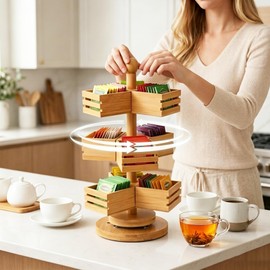 3-Tier Rotating Bamboo Tea Bag Organizer Carousel, Holds 108 Tea Bags