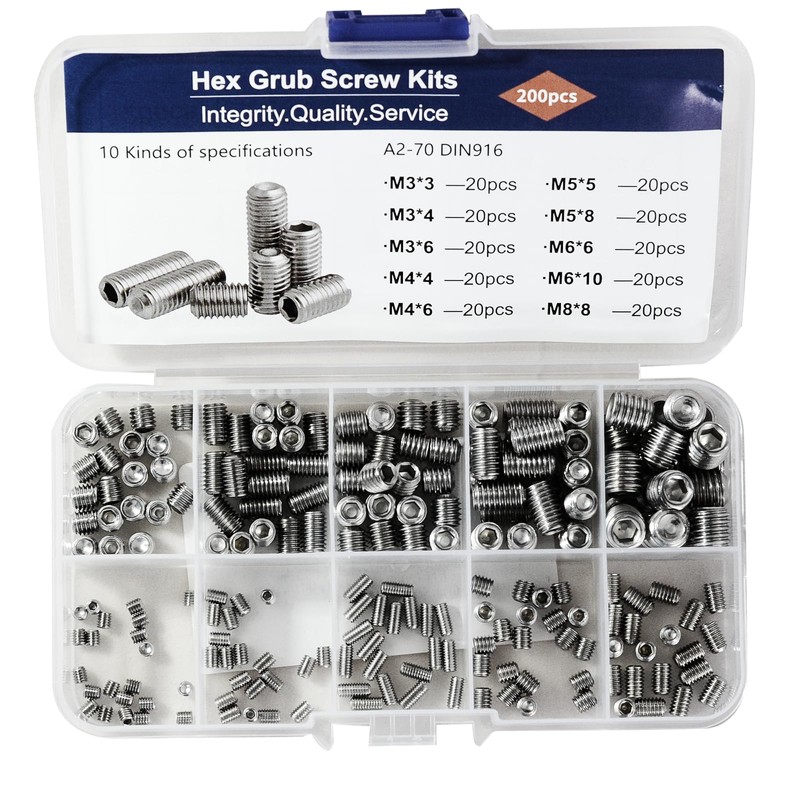 304 Stainless Steel Socket Set Screws Assortment Kit(200Pcs), M3 M4