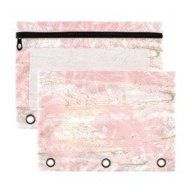 Kcldeci 3 Ring Binder Pouch, Tropical Worn Floral Pastel Pink Blue Gold R 2 Pack Binder Pencil Pouch with Clear Window Pencil Bags with Zipper Pencil Case for Binder