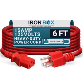 IronBox Electric - Heavy-Duty 5-15P to C13 Power Cord - 3 Prong 15A 125V 14/3 SJT PC Power Cable - Power Cord for Computer, Monitor, Subwoofer, Amplifier - Cable for Power Supply - (Red 6 Foot)