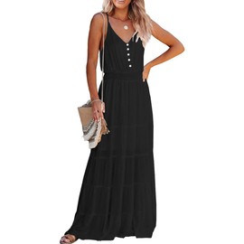 PRETTYGARDEN Women's Casual Summer Dress Spaghetti Strap Sleeveless High Waist Beach Long Maxi Sun Dresses (Black,Medium)
