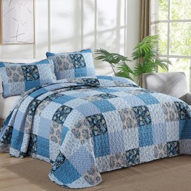 Xruibed Blue Quilt Set Queen Size 3 Pieces Plaid Floral Boho Bedspread Coverlet Set Patchwork Pattern Reversible Bedding Set Soft Microfiber Bedspread Set Queen for All Season(Queen 96"x90")