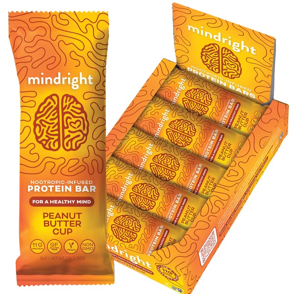 MINDRIGHT Superfood Vegan Protein Bars | Gluten Free Non-Gmo Low Sugar | All Natural Brain Food Healthy Snack To Help Enhance Mood, Energy & Focus (Peanut Butter Cup,12 Pack)