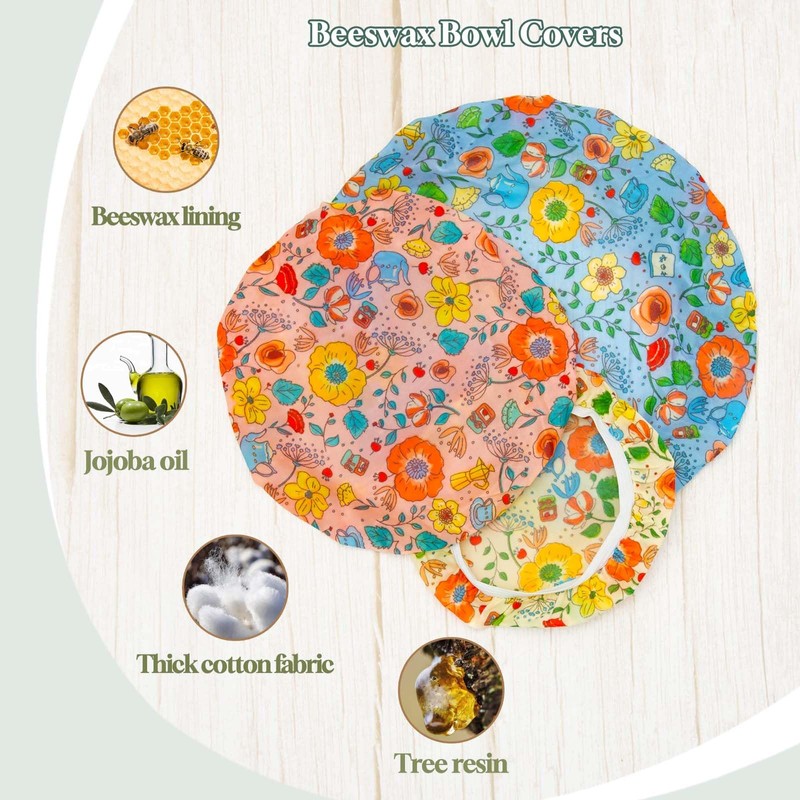 3 Pieces Beeswax Bowl Covers Reusable Beeswax Food Wrap Stretch
