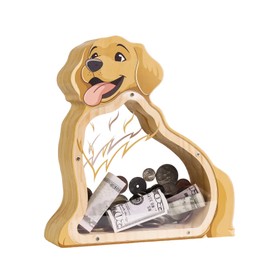 Wooden Dog Piggy Banks for Kids, Golden Retriever Unbreakable Coin Bank for Kids with Letter Sticker, Wooden Cashbox Money Jar Personalizable, Educatinal Toy for Boys, Girls