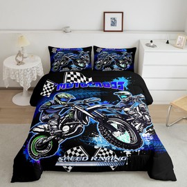 Feelyou Kids Blue Dirt Bike Bedding Set Full Size, Extreme Sports Comforter Set Boys Girls Racing Motocross Comforter Motorcycle Teens Duvet Set Bedroom Decor with 2 Pillow Case