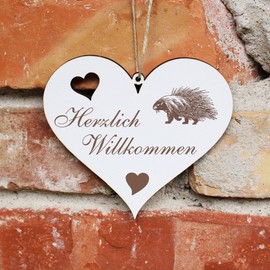 Herzlich Willkommen Sign – Porcupine – Decorative Heart Wooden Welcome Sign Door Sign Door Decoration