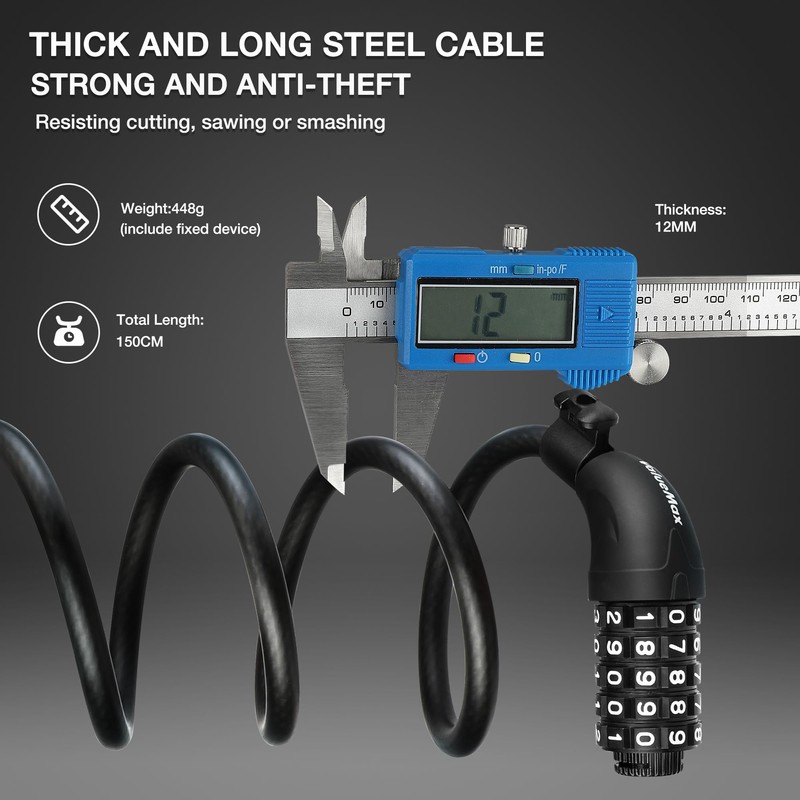 ValueMax Bicycle Lock Combination Lock Cable Lock 150 cm, 5