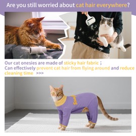 T'CHAQUE Sticky Hair Cat Onesie Pajamas, Soft Long Sleeve Cat Clothes, Anti-Shedding, Surgery Recovery Suit, Wound Protection & Preventing Licking, Kitten Sweaters for Male & Female, Purple-2XL
