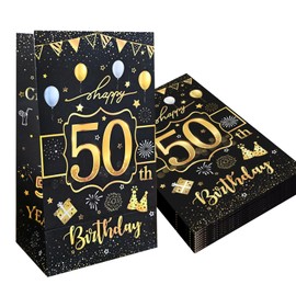 10 Pack Gold Black Happy 50th Birthday Party Gift Bags Cheers to 50 Years Party Favor Bags Treat Bags Paper Candy Goodie Bags for Birthday Anniversary Wedding Decorations Party Supplies
