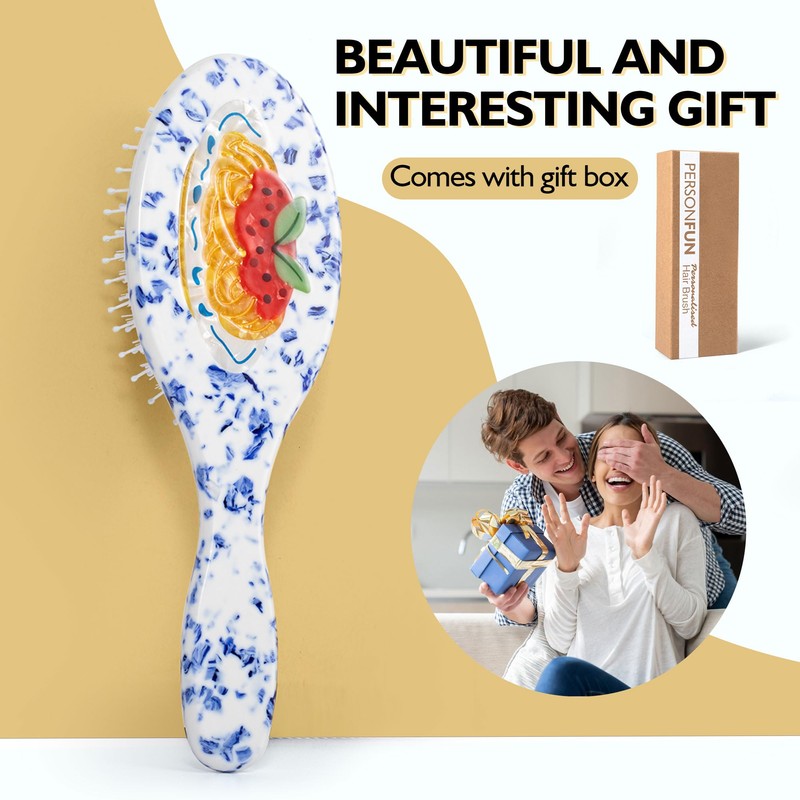 Hand-Painted Hair Brush, Blue White Porcelain Pasta Design Acetate Comb,