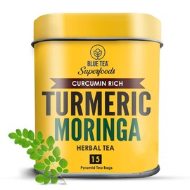 BLUE TEA - Turmeric Tea - Moringa - 15 Count - Pyramid Plant Based Tea Bag | CURCUMIN RICH - HERBAL BLEND | Caffeine Free - Gluten Free - Herbal Tea - Vegan - Mild Flavor - Healthy | Reusable Tin Pack