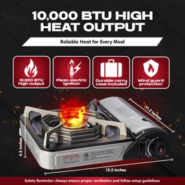 Chef Master 90011 Butane Countertop Stove ONLY, Portable Camping Stove 10,000 BTU Output Brass Burner, Piezo Ignition Portable Stove with High-Impact Carry Case for Emergency Use & Outdoor Cooking