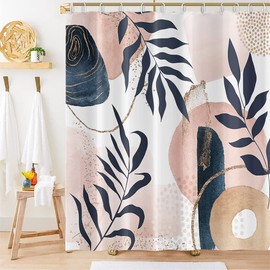 Umpoo Abstract Boho Shower Curtain Mid Century Eucalyptus Leaves Botanical Pink Chic Pattern for Women Minimalist Bathroom Decor Accessories Shower Curtain Set with 12 Hooks, 72x72 Inches