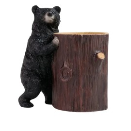 Resin Black Bear Pen Holder Hand-painted Tree Stump & Lifelike Detail Animal Wildlife Decorative Desk OrganizerColor: As picture, Size: One Size