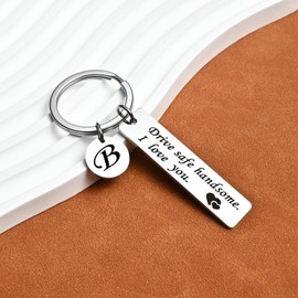 OUMILAN Drive Safe Keychain 26 Letters Keychain Gifts for Boyfriend Couple Husband Dad Birthday Christmas Valentines Day Gifts (B-silver)