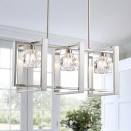 WUZUPS 3-Light Chandelier Glass Cube Shade Pendant Light Modern Lighting Fixture for Kitchen Diningroom Bathroom Livingroom, H 9.4" x W 8.3" x L 23.6", G9 Base, Brushed Nickel