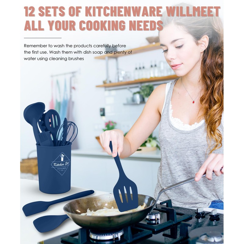 Kitchen Utensils Set-12 Pieces Silicone Cooking Utensils Set (Dishwasher Safe)