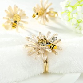 Rensimote Set of 6 Daisy Sunflower Napkin Rings, Gold Bee Napkin Ring Holders for Formal or Casual Dinning Table Decor