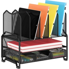 Simple Trending Mesh Desk File Organizer, Office Supplies Desktop Storage with Sliding Drawer, Double Tray and 5 Upright Section Sorter Organizer, Black