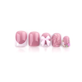 Short Square Press on Nails Flower Fake Nails French Tip Press on Nails with Rhinestones Design 3D Pink Bow Glue on Nail Glossy False Nails White Pink Stick on Nail Decoration Set 24Pcs
