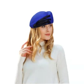 ORIDOOR Women Winter Vintage Pillbox Hat Church Derby Wedding Dress Fascinator Beret 100% Wool Felt Hat with Feathers, Royal Blue, One Size