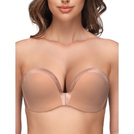 WingsLove Women's Strapless Bra Full Figure Wireless Bras Multiway Push Up Bra Red Carpet(Milky Coffee,34DD)
