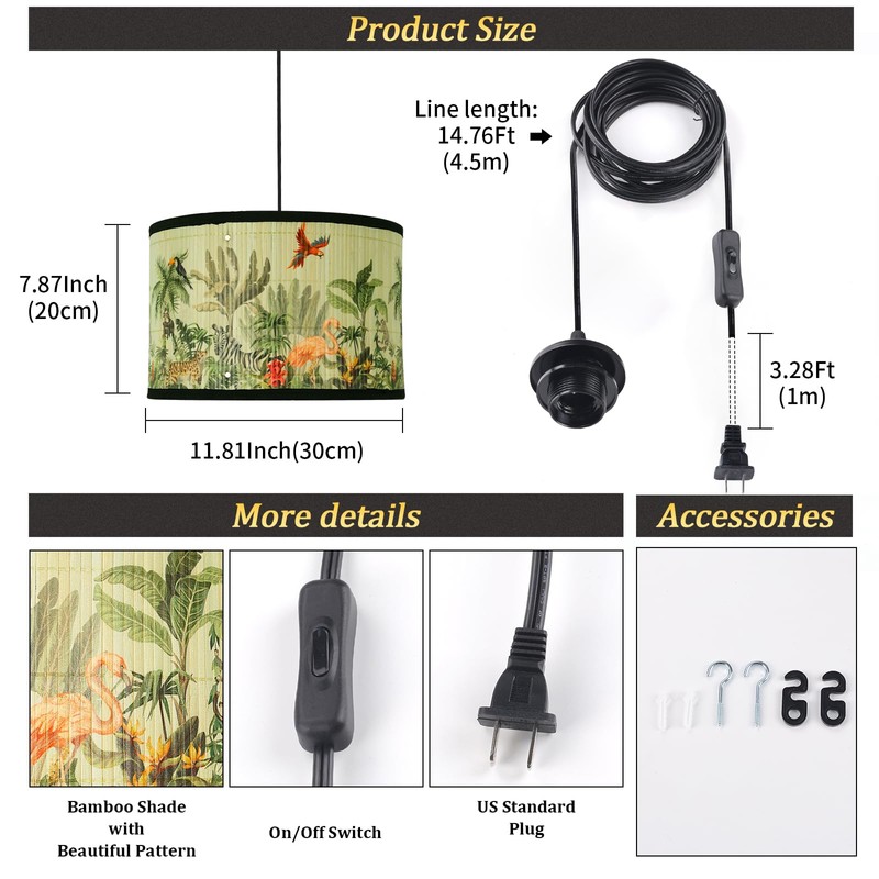 Eoiips Plug in Pendant Light Bamboo, 14.76ft Hanging Lamp with