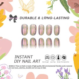 Chrome Press on Nails Short Oval MABKJLF Fake Nails False Nails with Metal Designs Colorful Glossy Glue on Nail Full Cover Acrylic Nail for Women Girls 24Pcs