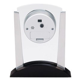 Howard Miller Denham Tabletop Clock – Contemporary Alarm Clock with Arched Glass Panel Silent Sweep Quartz Movement Roman Numeral Dial Satin Finish Best for Office and Home Decor