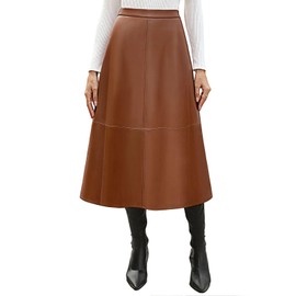 Kate Kasin Women's Leather Skirt High Waisted A Line Fall Winter Maxi Skirts Brown XL