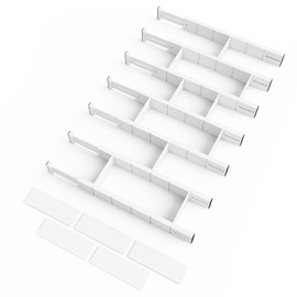 SpaceAid Bamboo Drawer Dividers with Inserts and Labels, Kitchen Adjustable Drawer Organizers, Expandable Organization for Home, Office, Dressers, 7 Dividers with 15 Inserts (17"-22" White)