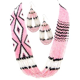 Handmade Necklace Earrings Set Layered Seed Beaded (Pink)