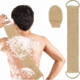 Ptwola Estropajo de espalda y guante exfoliante con mango de esponja de cáñamo natural, cepillo de limpieza profunda duradero para el cuerpo y la piel, accesorios de baño para hombre y mujer