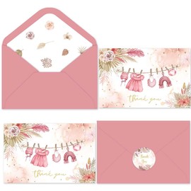 SolarGlory 50 Pack Pink Baby Shower Thank You Cards with Envelopes & Stickers for Girl, Floral Design Girl Thank You Cards Set Bulk for Baby Shower Gender Reveal Birthday Party.