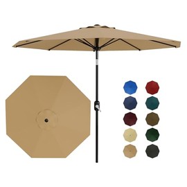 10Ft Patio Umbrella - 8 Sturdy Ribs Outdoor Table Umbrella with Crank Lift & Push Button Tilt - Market Umbrella for Pool, Deck, Yard, Garden - Khaki