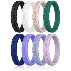 ThunderFit Silicone Wedding Rings for Women, Braided Pattern Engagement Bands 4.6mm Wide 2.2mm Thick - 1/8/9 Variety Multipack (Pack G, Size 6.5-7 (16.95mm))