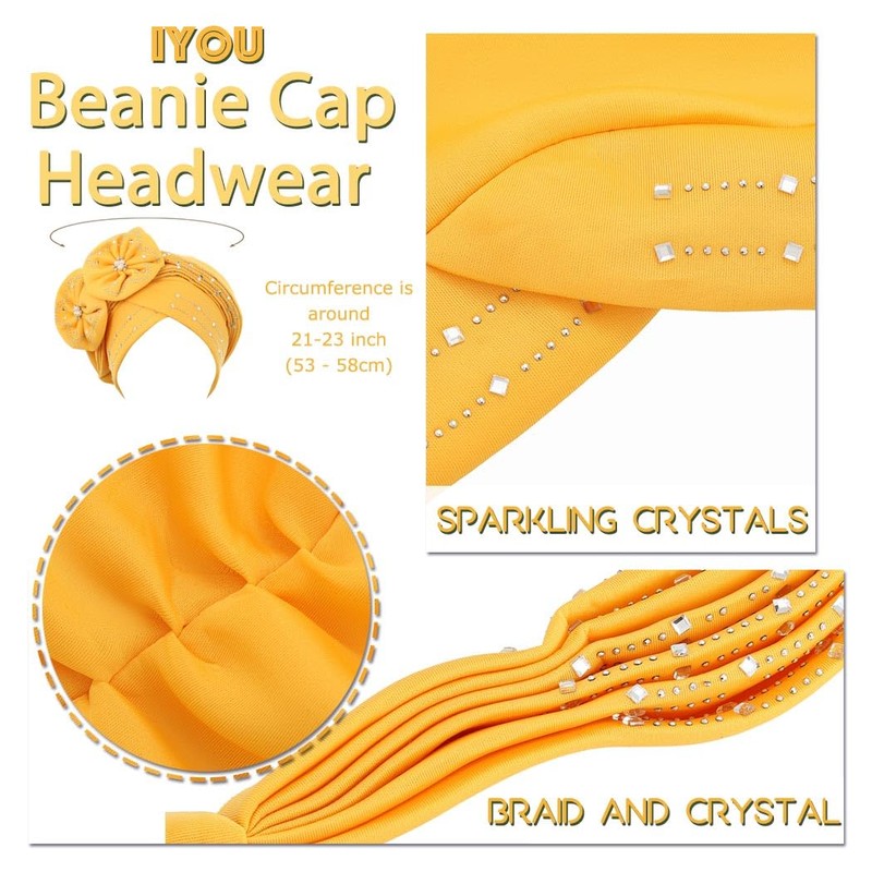 IYOU Crystal Turbans for Women Flower Rhinestone Beanie Hat Twisted