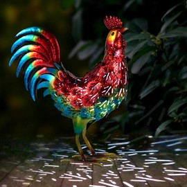 Kircust Solar Metal Rooster Animal Lights Garden Sculptures Art Decor, Outdoor LED Light Color Chicken Statue for Farm Patio Lawn Back Yard Home Decorations,13.98" WX5.9 DX16.74 H