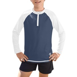 BesserBay Boys' Long-Sleeved Stand-Up Collar UV Shirt 1/4 Zip Rash Guard UPF 50+ Children 110-150, White & blue